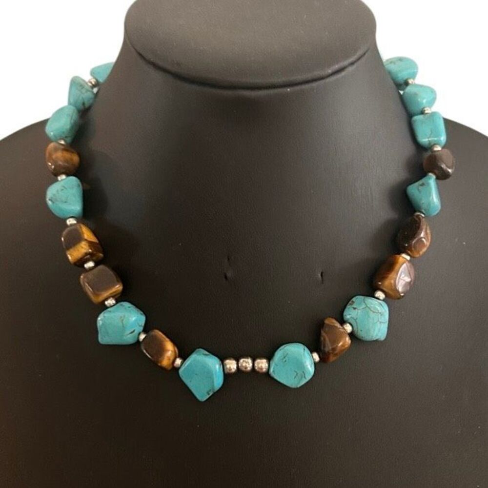 Tiger's Eye Turquoise Beaded Necklace Women's 17" Blue Brown Howlite Gemstones